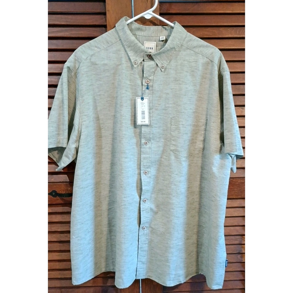 NWT Rowm Mens Shirt 2XB Button Down Short Sleeve 100% Cotton Gray Green
